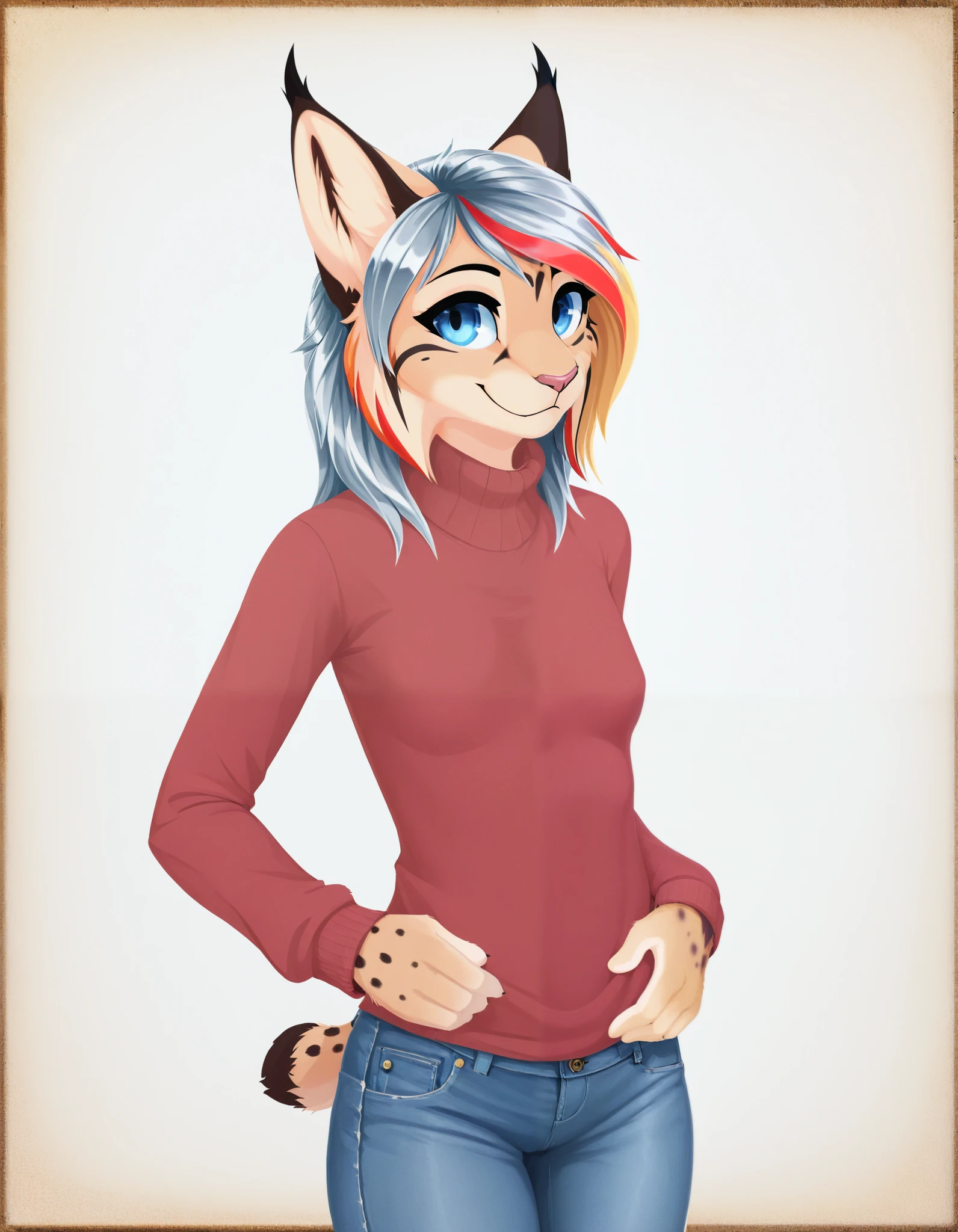 Half-closed eyes, smug smile , 1girl, anthro, furry, fur, fluffy fur, sheep girl, trying to lift her sweater to show you her bra, blue sweater, one closed eye, baggy pants, torn pants, (bedrood, sunset), long hair, score_9, score_8_up, score_7_up, score_6_up, score_5_up, score_4_up
