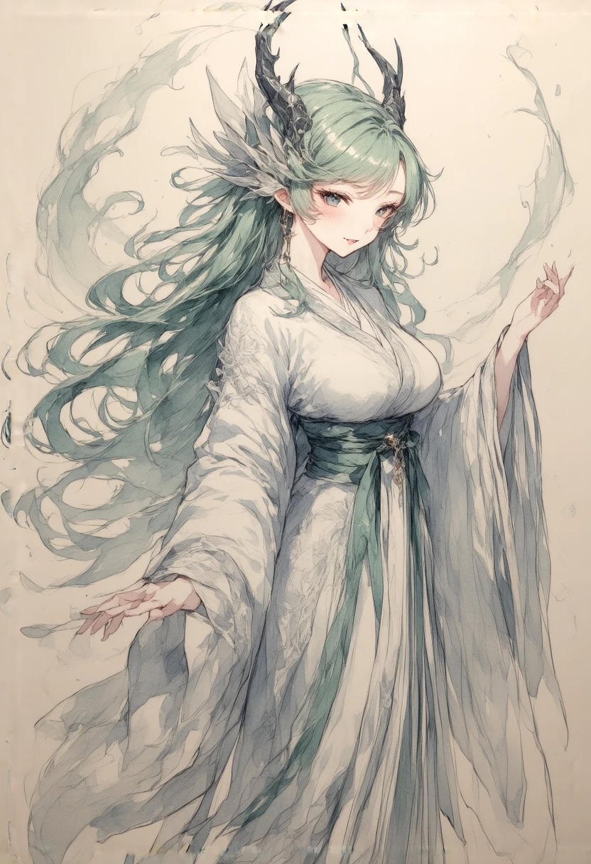 anime style illustration, Jormungandr dragon girl, young body, cute girl, intricate and mysterious clothes, bright green long hair, dragon horns, dragon god, lace ornaments,