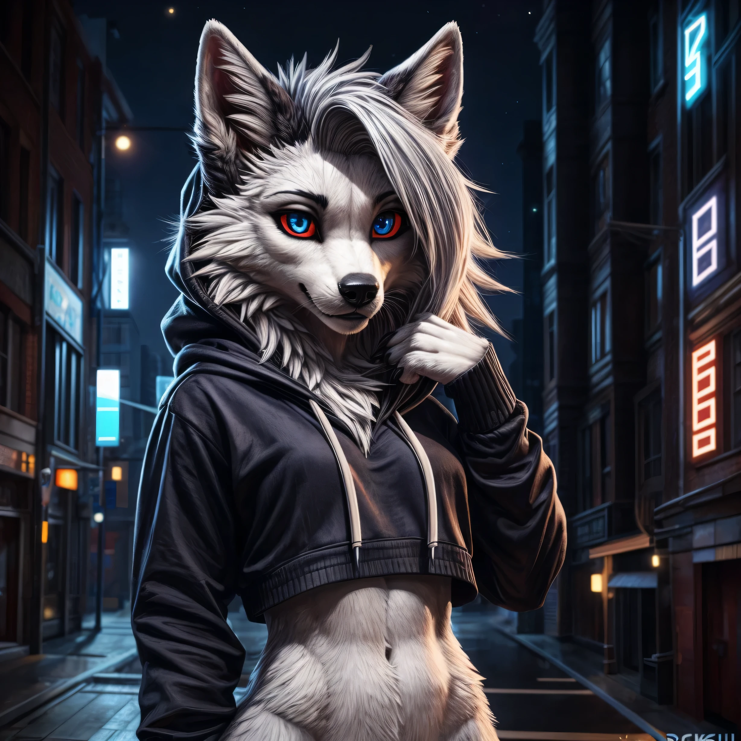 Furry art, breathtaking furry art, realistic furry, anthro white wolf, female wolf, black makeup, blue eyes with red sclera, silver hairs, black ears, sensual, loona, claws,(pixelsketcher pikaflufftulf hioshiru artstyle),full body, slender, 75mm canon shot, ultra realistic, slim anthro,(white pupils), small wolf's chin, cute female anthro,( big eyes), (hoodie:1.2), fur trim, solo, (body fur:1.2), (best quality), (detailed urban night background:1.2), dramatic lighting, (detailed fluffy fur:1.1), looking at viewer. Masterpiece, Best Quality, High Details, Anatomically Correct.