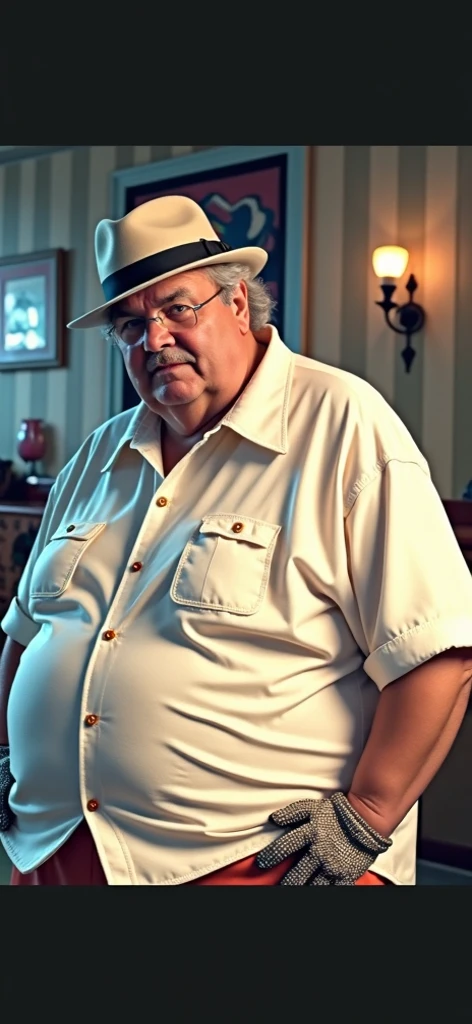 He is laughing with his huge tongue hanging out of his mouth, Expression of great happiness,a masterpiece by Raphael man Plump elderly old bearded gray-haired fat belly large morbid extremely thick thighs wearing only white lilac black yellow swimming trunks, he wears a white hat open long-sleeved dress shirt, ele usa gravata azul, he has a large blue tie around his neck, meias pretas, Eyeglasses