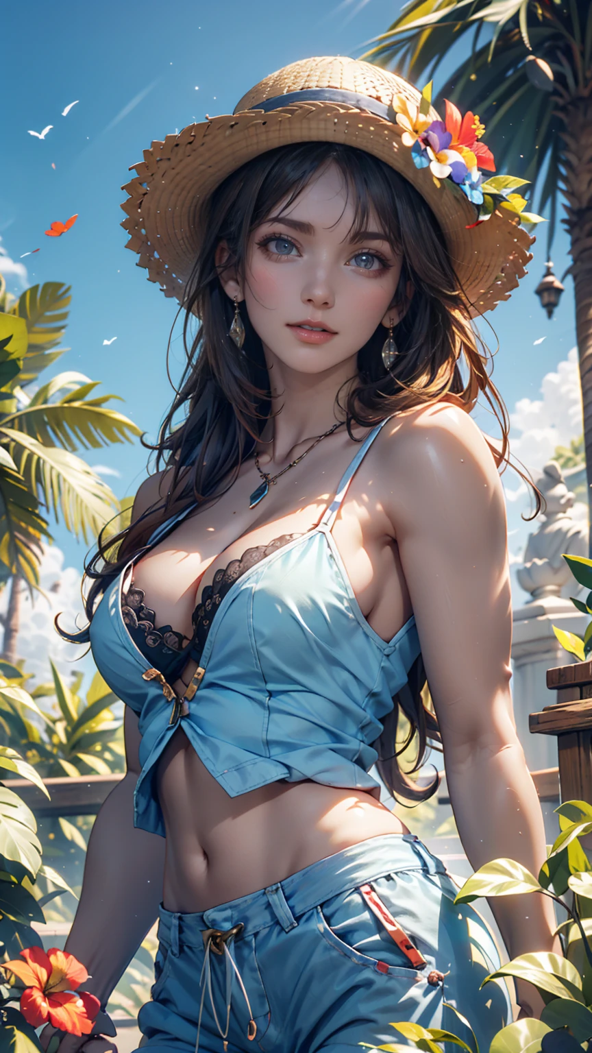 Woman relaxing on a white sand beach in Bali, Indonesia。She wore a vivid pareo.、Sitting on a beach chair wearing sunglasses、Cocktail in hand。Behind it is the blue sea and palm trees.々is spreading