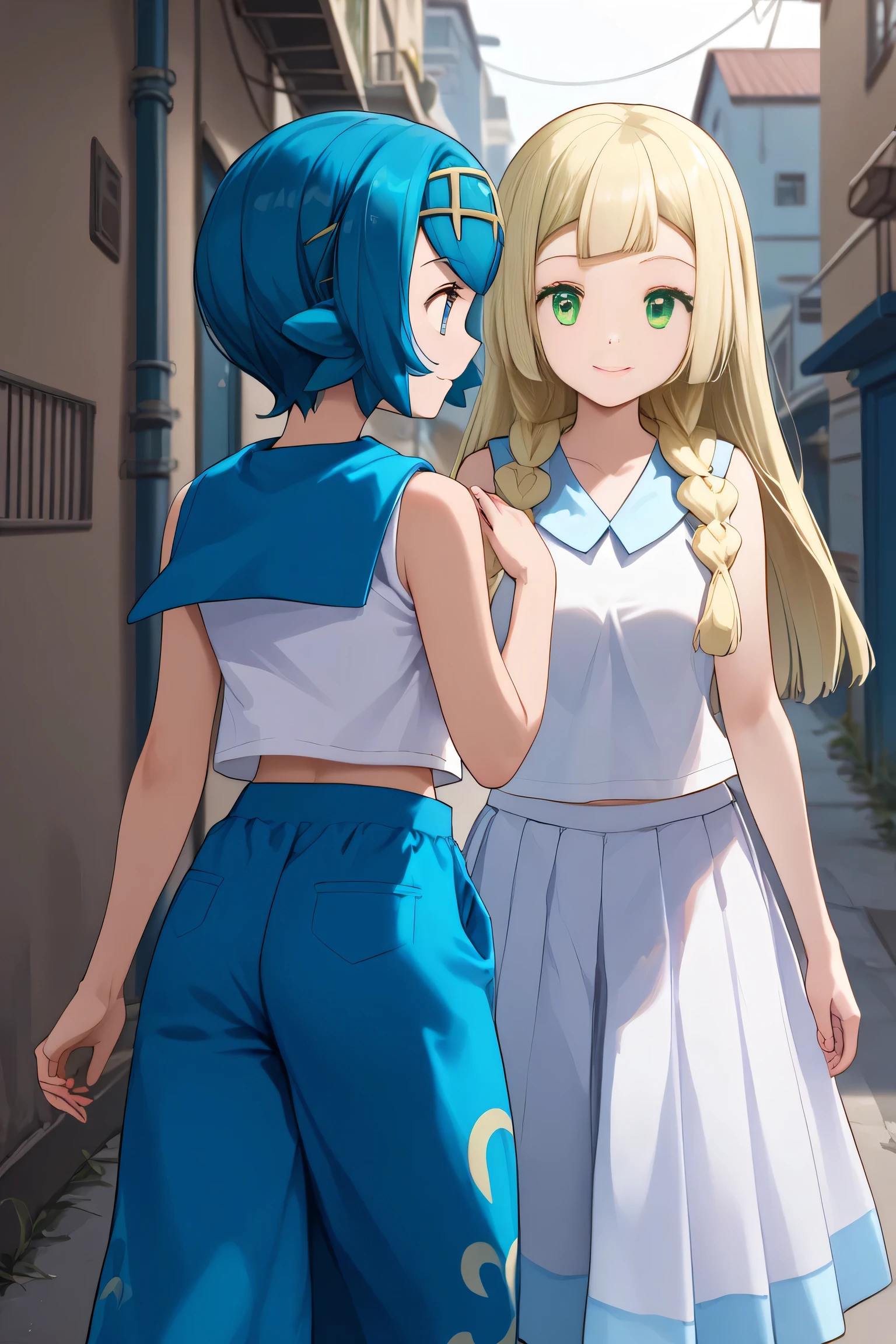 score_9, score_8_up, score_8, medium breasts, (curvy), cute, eyelashes,    
LllLn, 2girls,  zzLana, yellow hairpiece, blue hair, white shirt, sleeveless shirt,  sailor collar, blue pants, baggy pants, zzlillie, long hair, French braid, white shirt, short sleeves, white skirt, pleated skirt,  
smile, walking, close together, arms around shoulders, rear view, highly detailed, intricate, zzCitronLegacy, alley, village, blush,
zPDXL, Expressiveh,