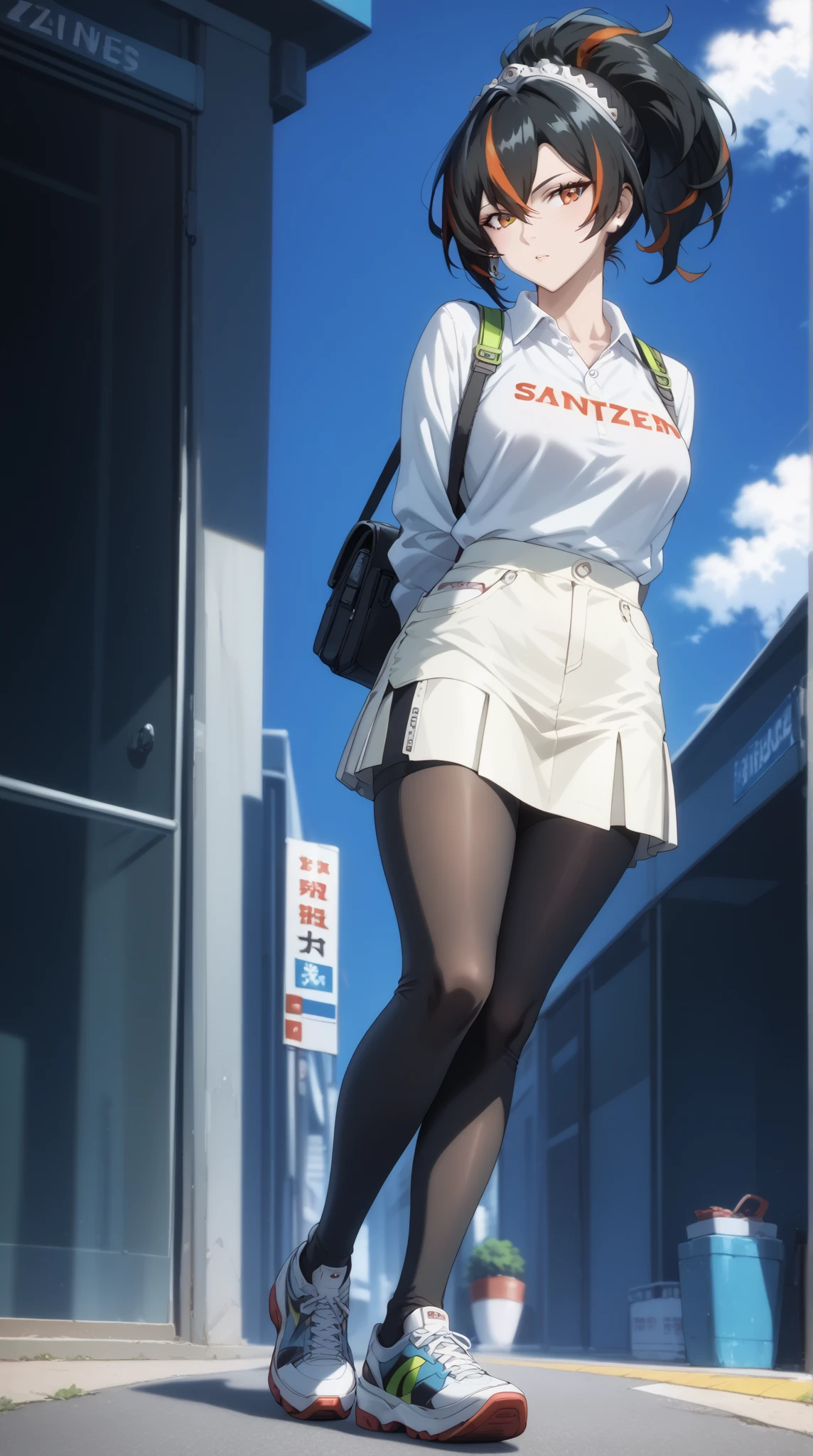 ((best quality)), masterpiece,full-body,Zhu Yuan from Zenless Zone Zero, with ponytail hair featuring black hair, STREAKED HAIR AT THE MIDDLE HAIR. Perfect body ,large breasts, looking at viewer, White tshirt,white skirt, arms behind back, showcasing long, enticing legs.