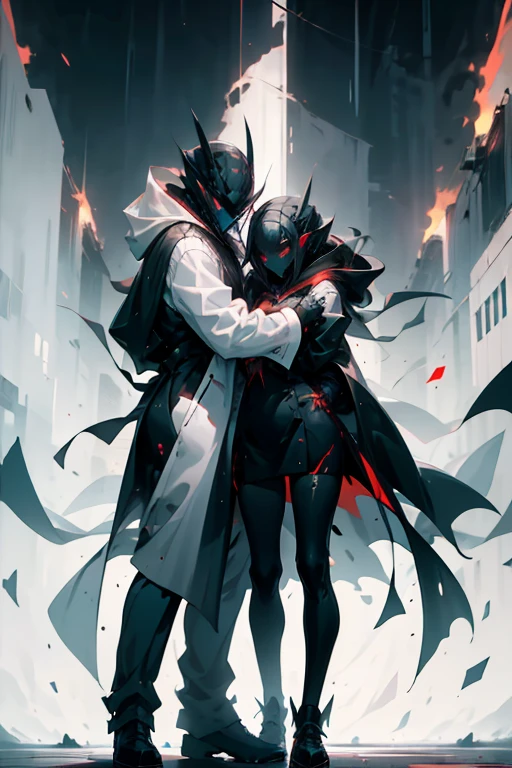 A boy in a long black coat wearing a dragon mask together with a girl in a white coat