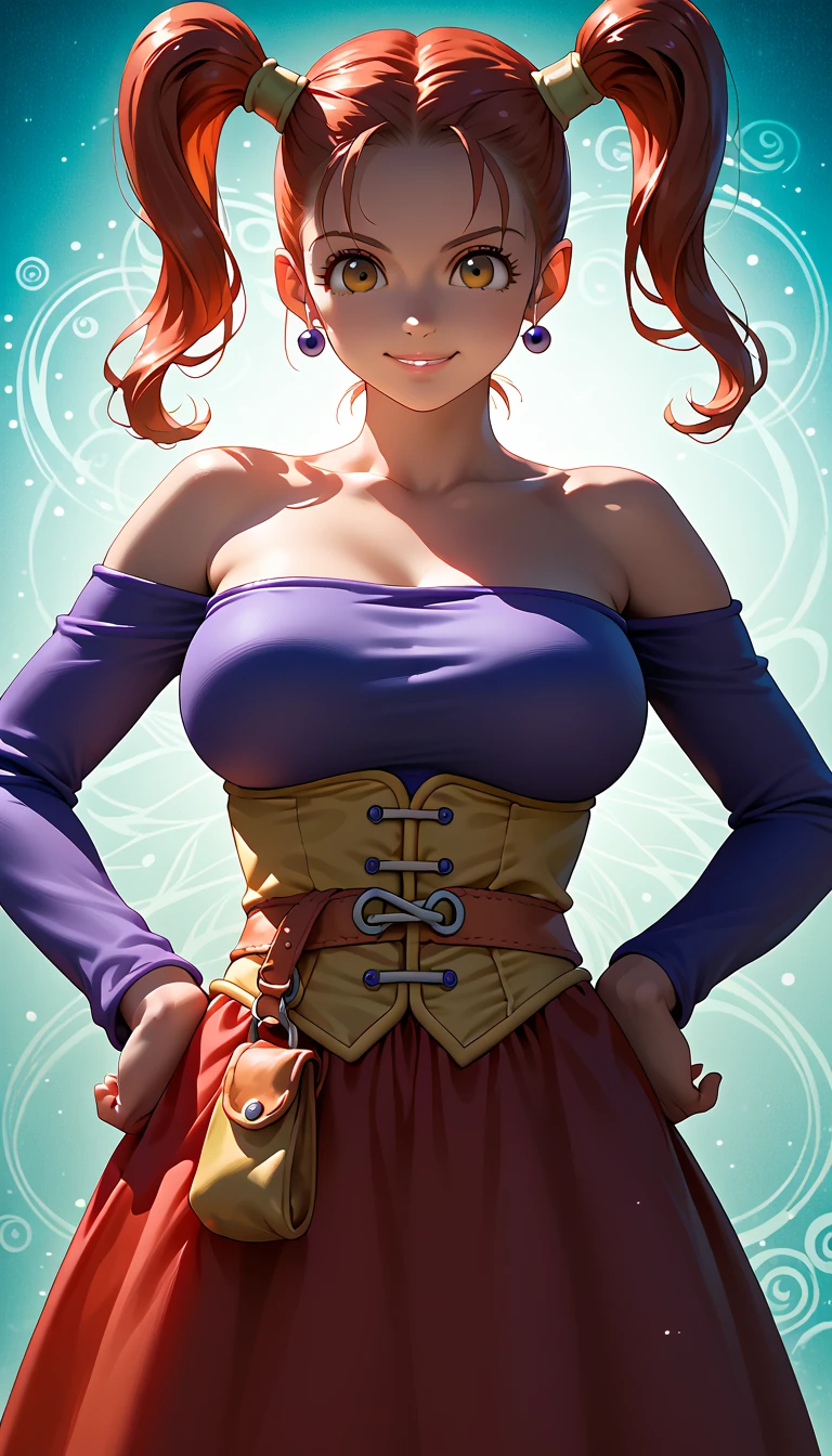  1 girl, Alone,  standing,  Confident Look ,  put your hands on your hips , Bare shoulders, Red Hair,  twin tails,  young woman,  Jessica Albert , Dragon Quest VIII ,  clevis,smile, Big Breasts, amount, hair intakes,  Jessica Albert  clothes, Long Red Skirt,  vibrant colors, Realistic lighting,  detailed skin,  detailed face ,  Front Shot ,  Leaning on the Camera ,  Masterpiece ,  best quality,  detailed background,  anime style ,  high definition ,  high definition,  complicated,  sharp concentration,  cute face