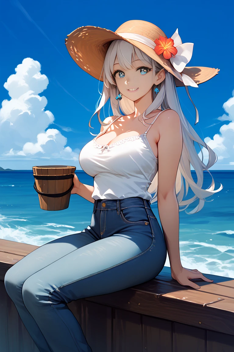 masterpiece, best quality,  lanamother, white pupils, long hair, hair ornament, large breasts, bucket hat, ocean, docks, sitting, white camisole, jeans, smile, blue sky, clouds