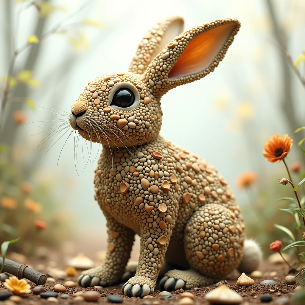 In made of  seeds  art style, rabbit with background
