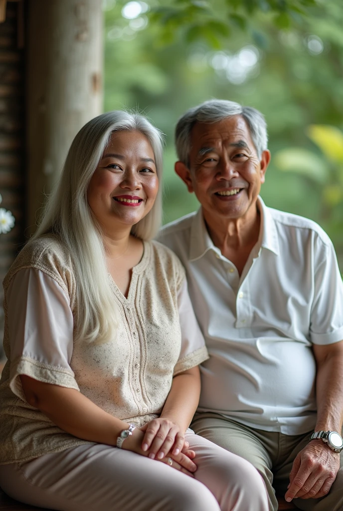 photo of an ugly javanese old man, slightly bald, tongue out trying to lick, very skinny and neatly trimmed beard and moustache wearing batik tshirt, feeling an intense sexual desire with an exquisitely beautiful japanese milf, elegant looks with a gorgeous face, with thick body, collarbone, huge saggy breasts, wide hips, wearing a thin sheer dress with high slit, sitting on his lap, highly detailed features, n a bedroom setting, intimate atmosphere, highres, full body, dynamic view, photorealistic