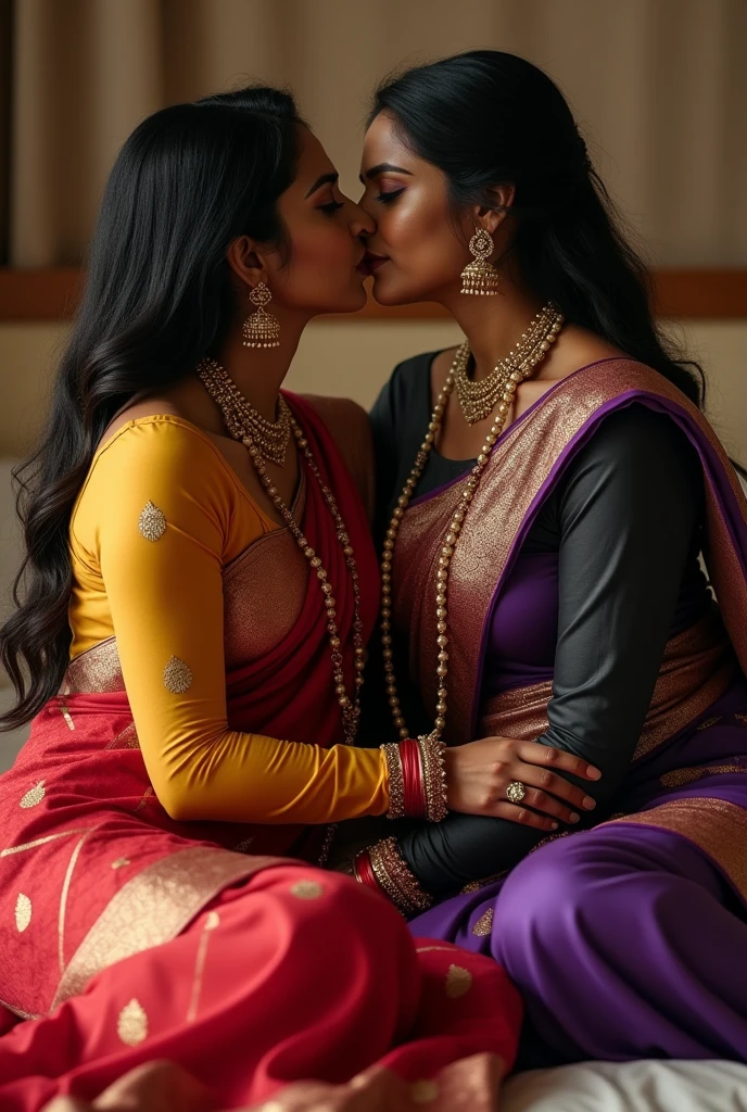 Fair skin Indian mom with 60 years of age in saree with big  kissing her young adult son