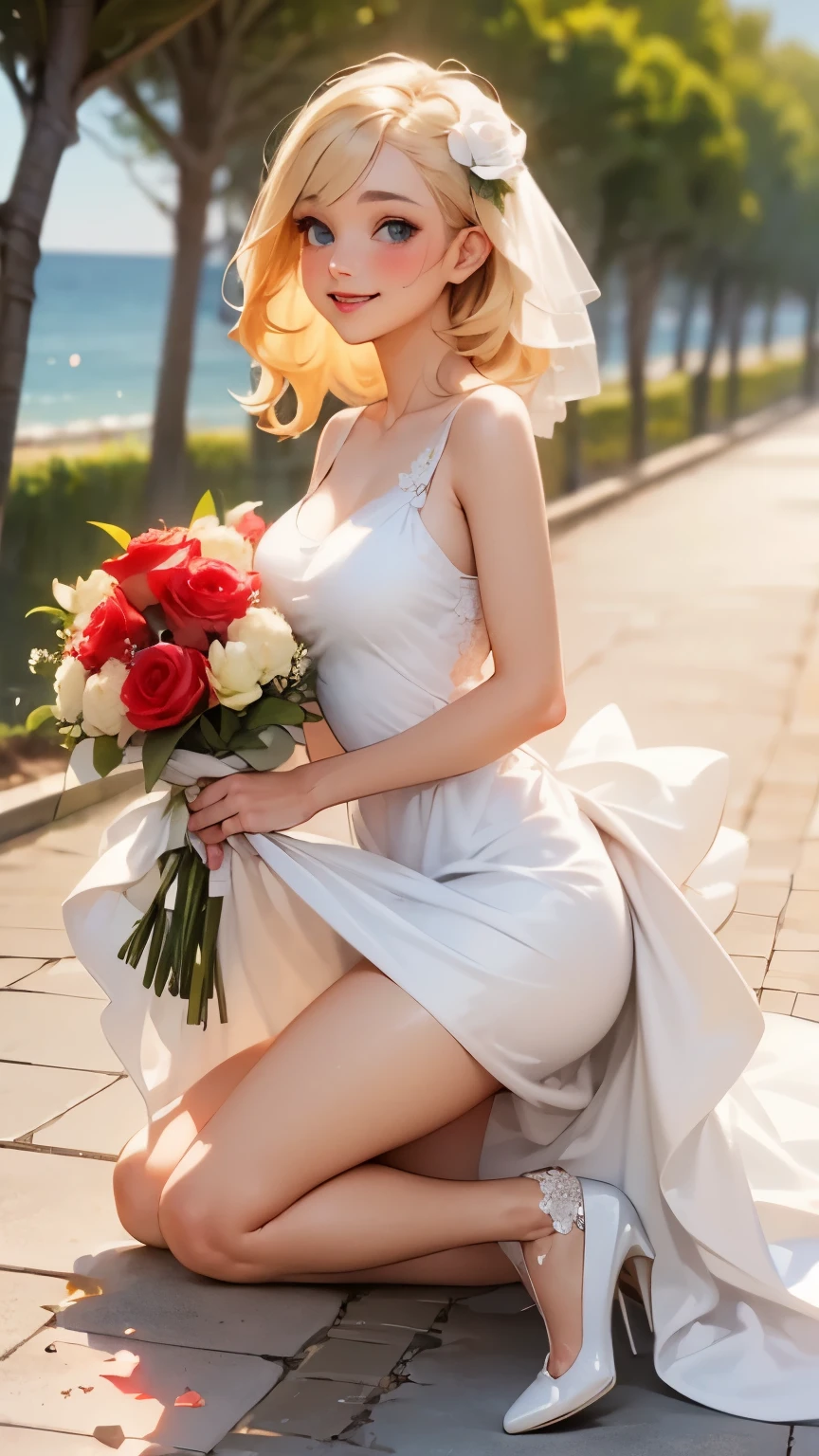 Blonde medium length asymmetrical hair, blue eyes, beautiful foundation, dark skin, pure white mini skirt wedding dress, red rose on right breast, white high heels, gorgeous flower bouquet in hand, happy smiling face, outdoor wedding venue by the seaside, blurred background