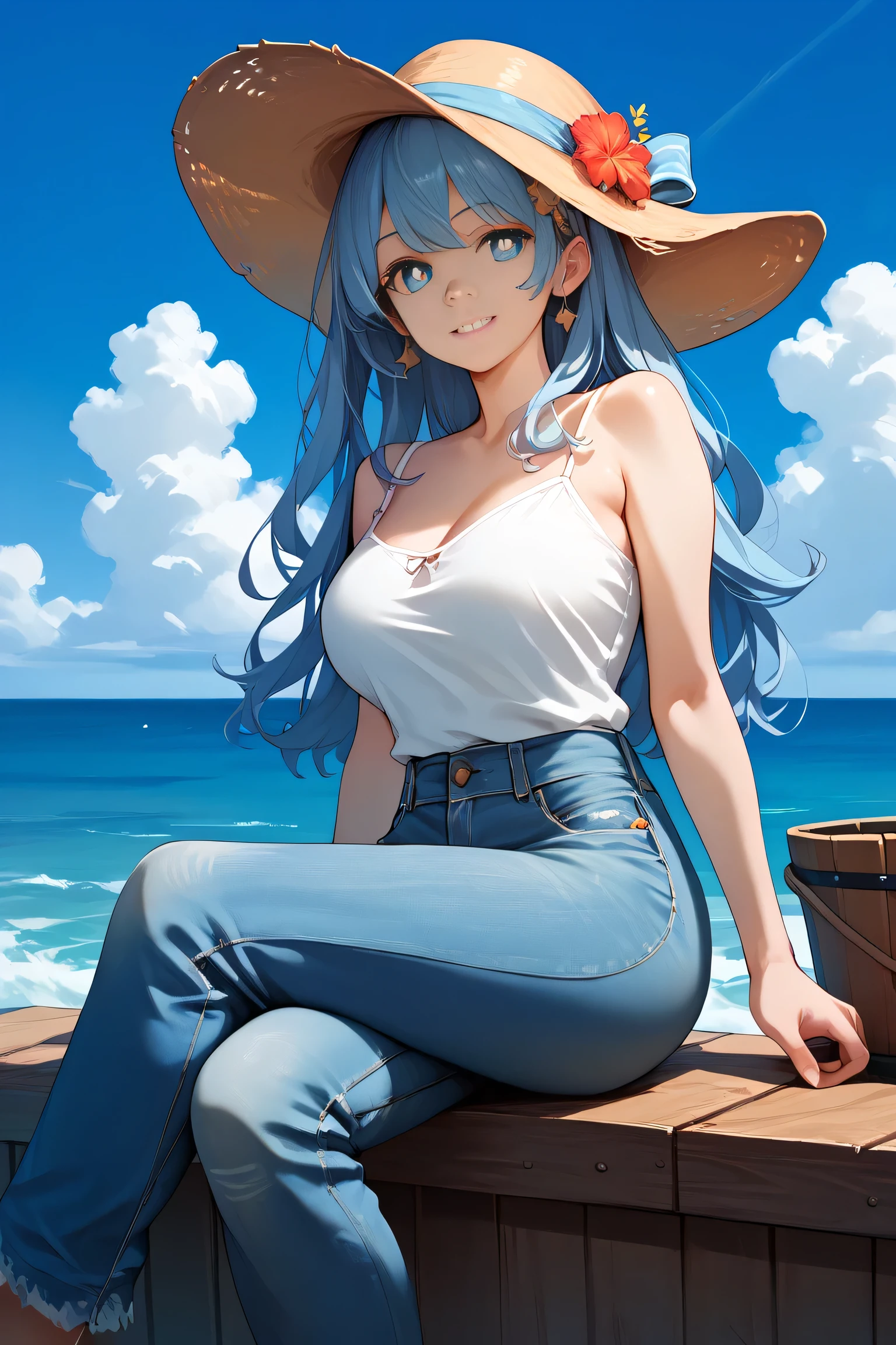 masterpiece, best quality,  lanamother, white pupils, long hair, hair ornament, large breasts, bucket hat, ocean, docks, sitting, white camisole, jeans, smile, blue sky, clouds