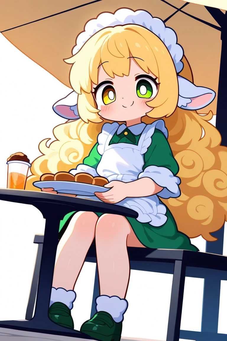 1girl, solo, kemono style, sheep ears, soft wool-like fluff on arms and legs, curly blonde hair, bright green eye, Heterochromia, goat pupils, playful smile with a small fang, wearing a frilly apron, holding a plate of pastries, sitting at a cozy outdoor café, warm afternoon light, full body