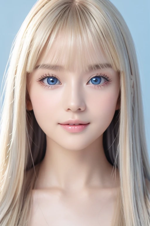  a sexy  old with dazzling shiny blond hair 、 the cutest baby face in the world 、Sparkling bangs dancing in front of her pretty face、Long, silky bangs that cover the eyes、Clear, big eyes that shine an incredibly bright light blue 、 super long straight hair with detailed grey background、 cute young woman's ridiculously long, super long blond shiny bright hair