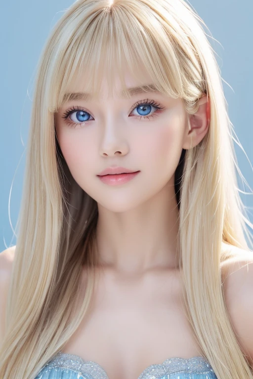  a sexy  old with dazzling shiny blond hair 、 the cutest baby face in the world 、Sparkling bangs dancing in front of her pretty face、Long, silky bangs that cover the eyes、Clear, big eyes that shine an incredibly bright light blue 、 super long straight hair with detailed grey background、 cute young woman's ridiculously long, super long blond shiny bright hair