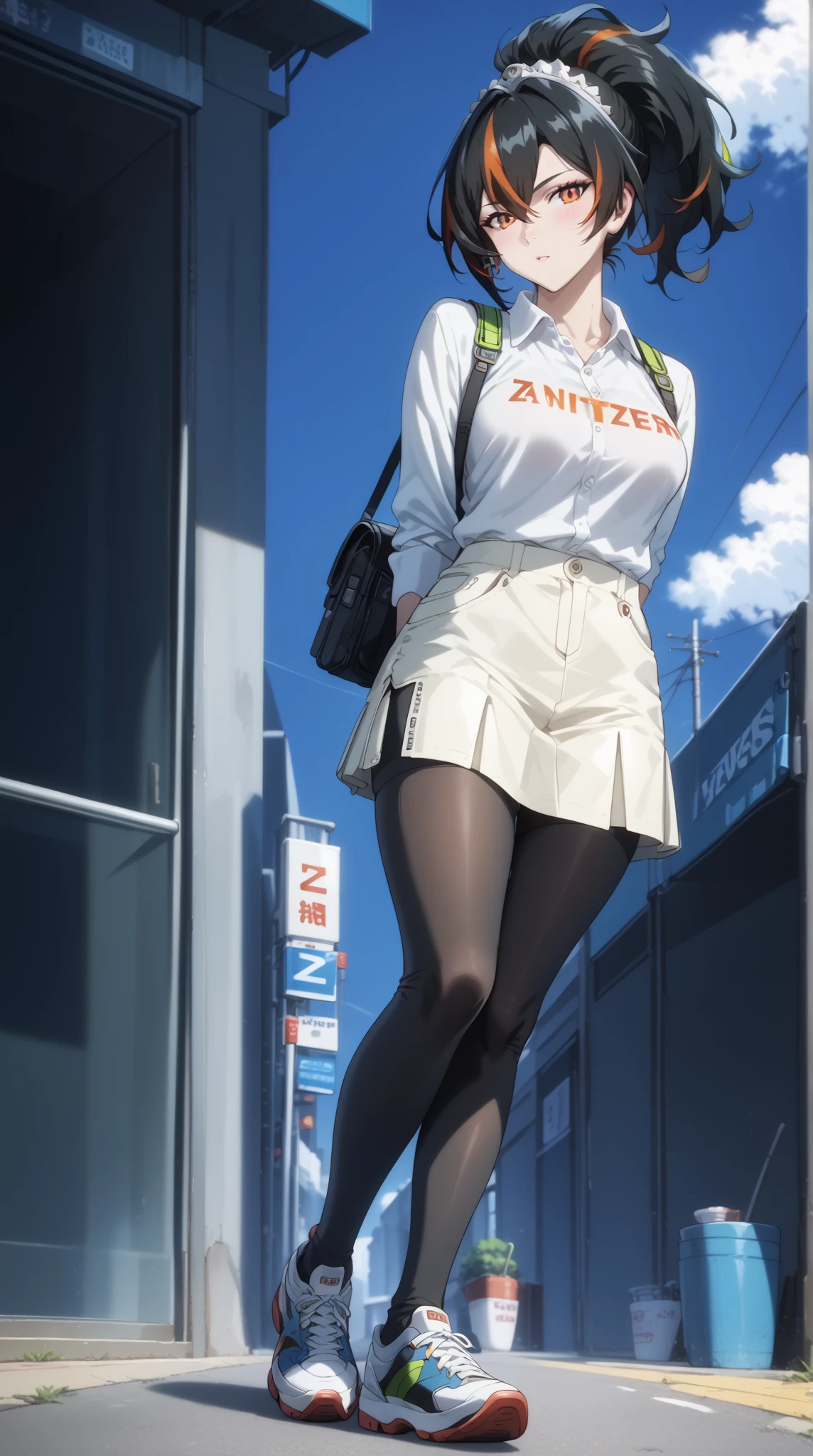 ((best quality)), masterpiece,full-body,Zhu Yuan from Zenless Zone Zero, with ponytail hair featuring black hair, STREAKED HAIR AT THE MIDDLE HAIR. Perfect body ,large breasts, looking at viewer, White tshirt,white skirt, arms behind back, showcasing long, enticing legs.