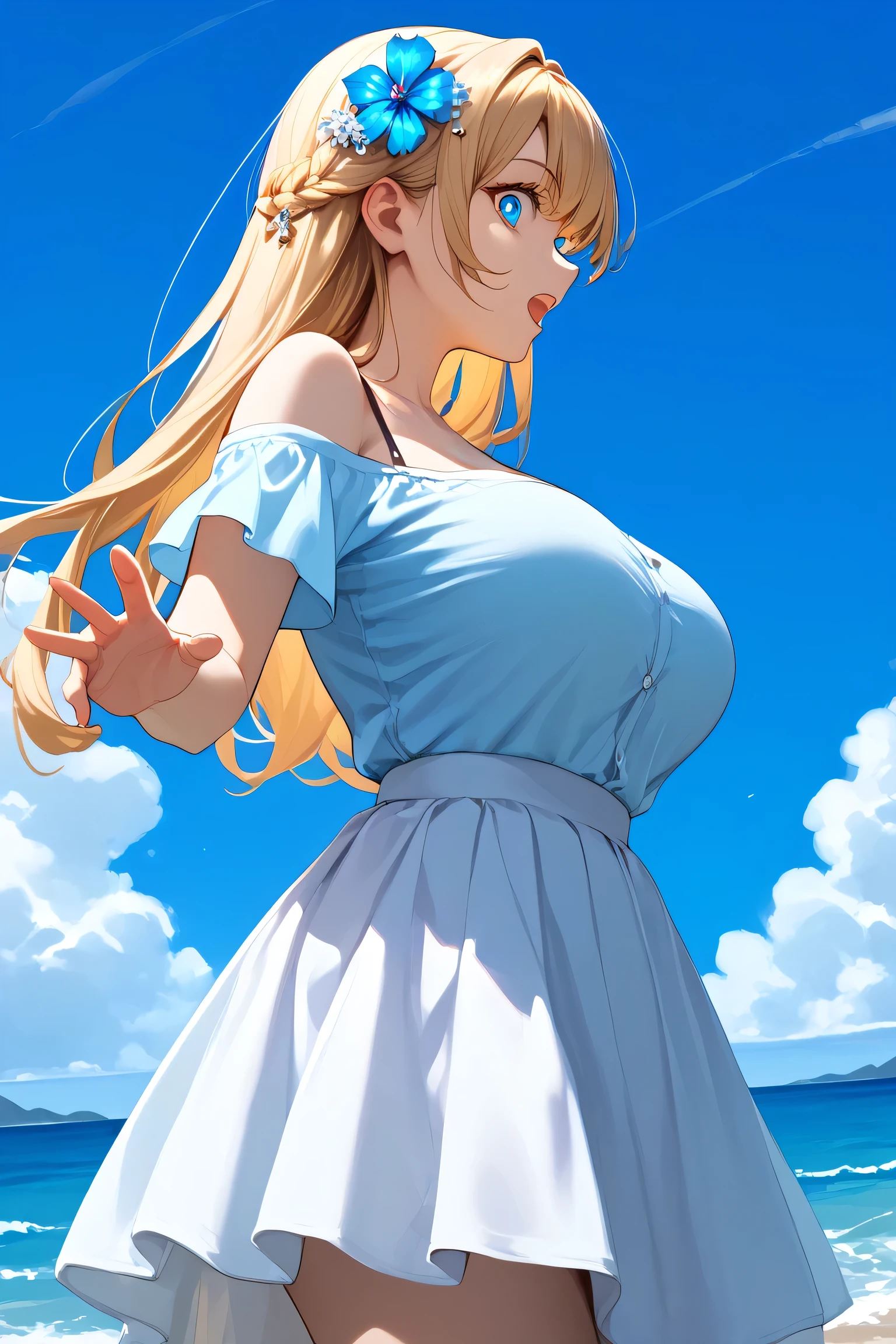 masterpiece, best quality, lanamother, white pupils, long hair, hair ornament, shirt, blue and white skirt, short sleeves, large breasts, mature woman, off-shoulder, profile, looking at viewer, open mouth, surprised, from below, leaning forward, ocean, sky