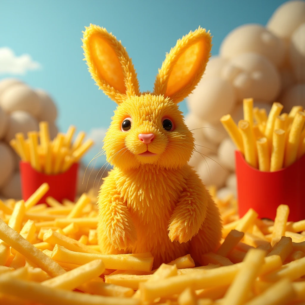 In made of  french fries art style, rabbit with background
