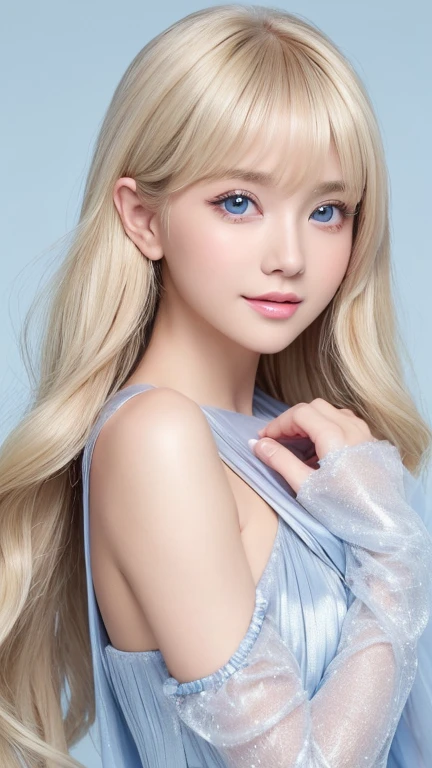  a sexy  old with dazzling shiny blond hair 、 the cutest baby face in the world 、Sparkling bangs dancing in front of her pretty face、Long, silky bangs that cover the eyes、Clear, big eyes that shine an incredibly bright light blue 、 super long straight hair with detailed grey background、 cute young woman's ridiculously long, super long blond shiny bright hair