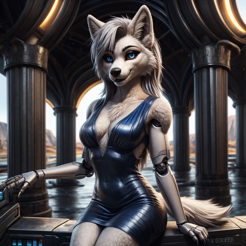 Furry art, breathtaking furry art, realistic furry, anthro white wolf, female wolf, black makeup, blue eyes with red sclera, silver hairs, black ears, sensual, loona, claws,(pixelsketcher pikaflufftulf hioshiru artstyle),full body, slender, 75mm canon shot, ultra realistic, slim anthro,(white pupils), small wolf's chin, cute female anthro, looking at viewer, looking intrigued, detailed eyes, medium breasts covered, wearing elegant spacedress, (bionic skin implants:1.1), detailed fur, realistic feathers, colorful fur, seductive smile, realistic photo, detailed background, theme science fiction fantasy, deus_ex, (mass effect:0.5), Masterpiece, Best Quality, High Details, Anatomically Correct.