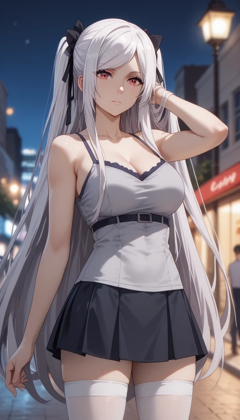 Source anime, Tall girl, Fit girl,score_9, score_8_up, score_7_up, score_6_up, uncensored, alexia midgar, long hair, very long hair, black hair ribbon, white hair, red eyes, sidelocks, ribbon, large breast, grey camisole, skirt, parted skirt, mini skirt, white stockings, stand, Hands fixing hair, night, city, outdoors, blurry backgrounds