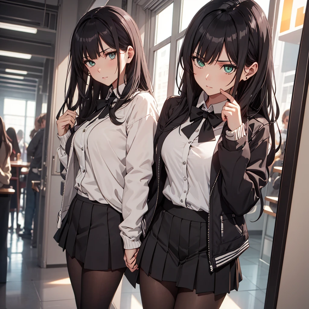 ((masterpiece,best quality)), highres, extremely detailed 8K wallpaper, depth_of_field, best shadow, (Colorful),(Delicate eyes and face), nice hand, Perfect hands, (no lighting), Ray tracing, BREAK (1girl), (very long hair), (black hair), (straight bangs), green eyes, medium breasts, bangs, serious, BREAK, standing, BREAK, Cowboy Shots and knee, school corriror, school hallway, hand resting on hip, sharp eyes, jacket, blouse, miniskirt, tights, (solo), wide hips, centered, schoolgirl uniform, (thick thights), standing