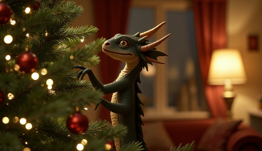 A photo of a realistic cute little dragon caught climbing a Christmas tree. The dragon has a surprised look on its face and is perched on a branch. The tree is decorated with twinkling lights and red ornaments. The background contains a cozy living room with a couch and a lamp.