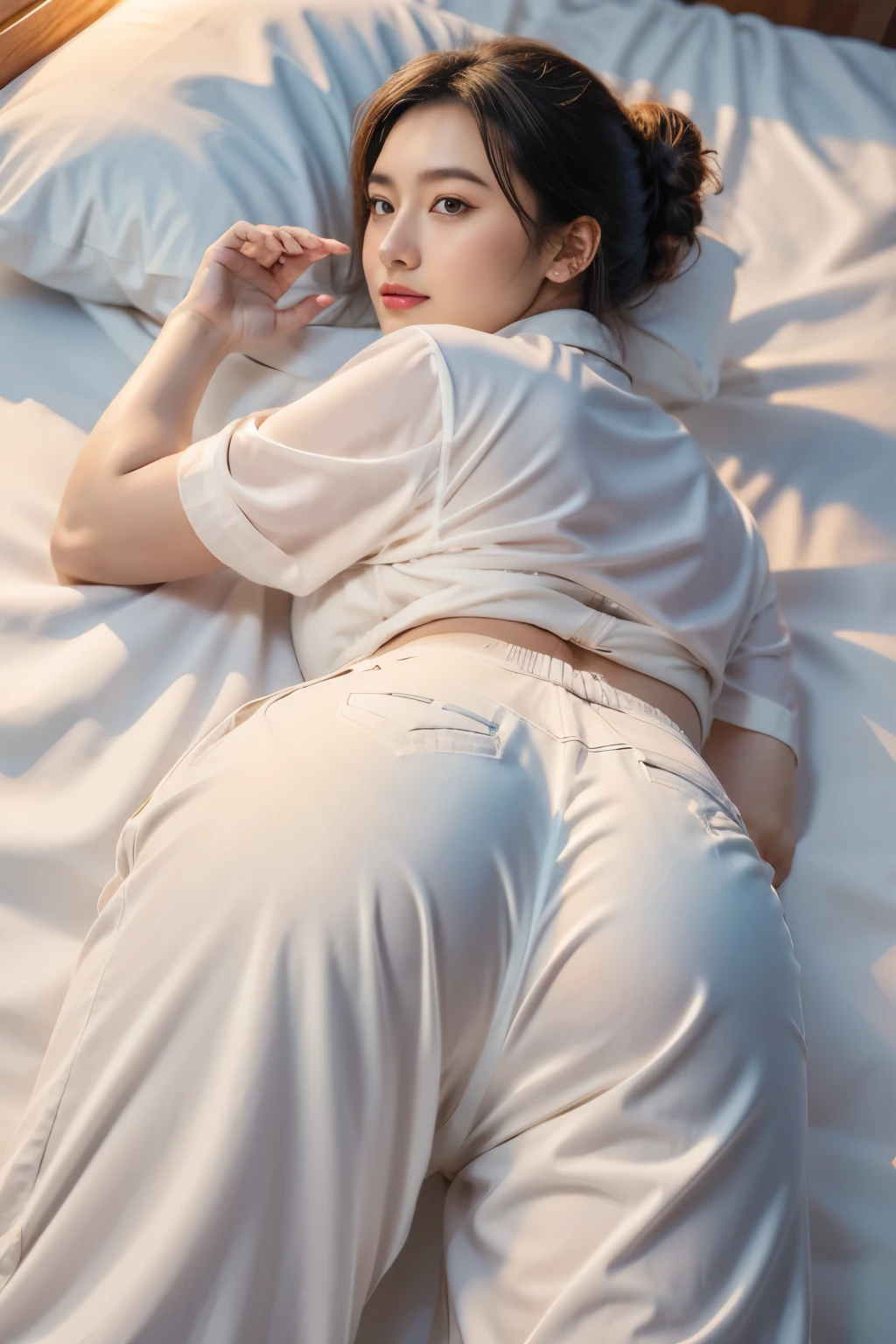 1 girl,halftone background,diffraction spikes,above clouds,crescent,((masterpiece, high quality,  high resolution, High-detail CG unified 8K wallpaper)),  girl eating genitals in bed, ( lying on a white sheet , Wear ultra-thin pants:1.5), Smile happily,  Perfect FoneCe  , Big Ass, Thighs exposed, View from behind, Watch from below, Colorful wallpaper ,