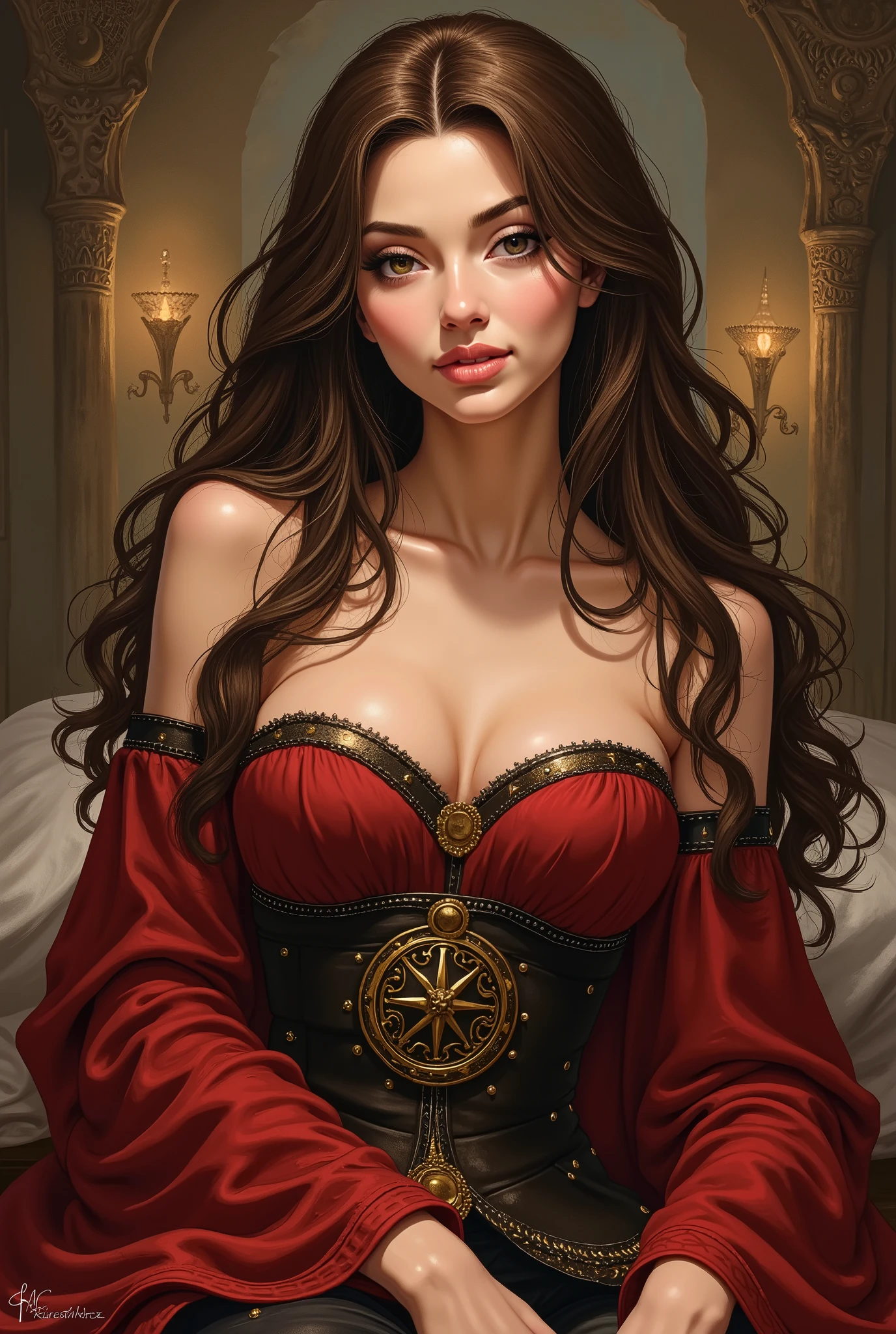 cowboy shot, masterpiece, a painting of a stunningly beautiful woman, female character, ela usa equipamentos e roupas típicas de um RPG medieval d&d, she is white and has long wavy hair, use a drawing style similar to anime "dugeon meshi", her hair would be brown in that case... Get closer to the style and line art of the Dugeon Meshi drawing The scene has cozy and warm tones, creating a morbid and cold atmosphere
, looking at viewer looking at the viewer, seductive smile, inviting smile,