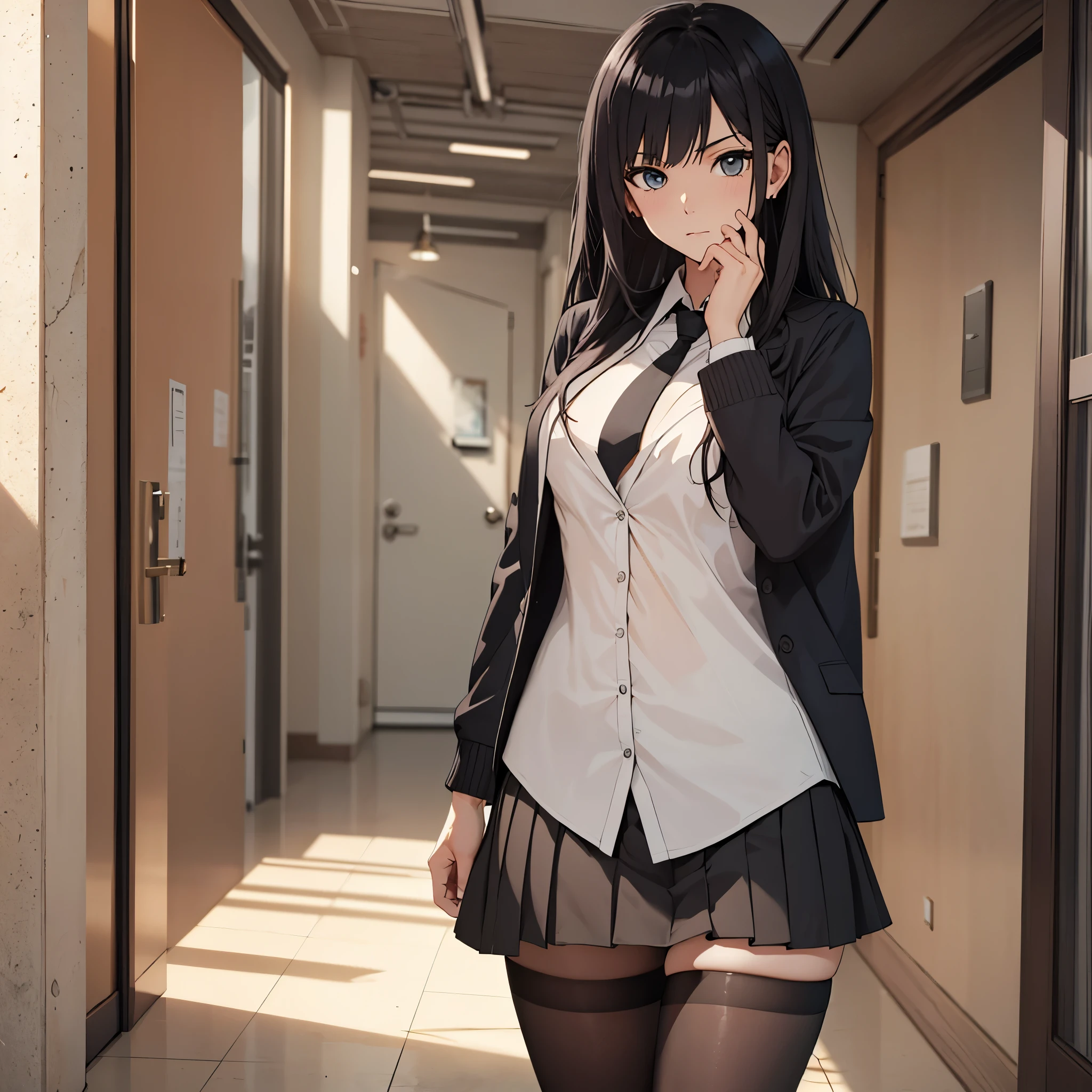 ((masterpiece,best quality)), highres, extremely detailed 8K wallpaper, depth_of_field, best shadow, (Colorful),(Delicate eyes and face), nice hand, Perfect hands, (no lighting), Ray tracing, BREAK (1girl), (very long hair), (black hair), (straight bangs), green eyes, medium breasts, bangs, serious, BREAK, standing, BREAK, Cowboy Shots and knee, school corriror, school hallway, hand resting on hip, sharp eyes, jacket, blouse, miniskirt, tights, (solo), wide hips, centered, schoolgirl uniform, (thick thights), standing