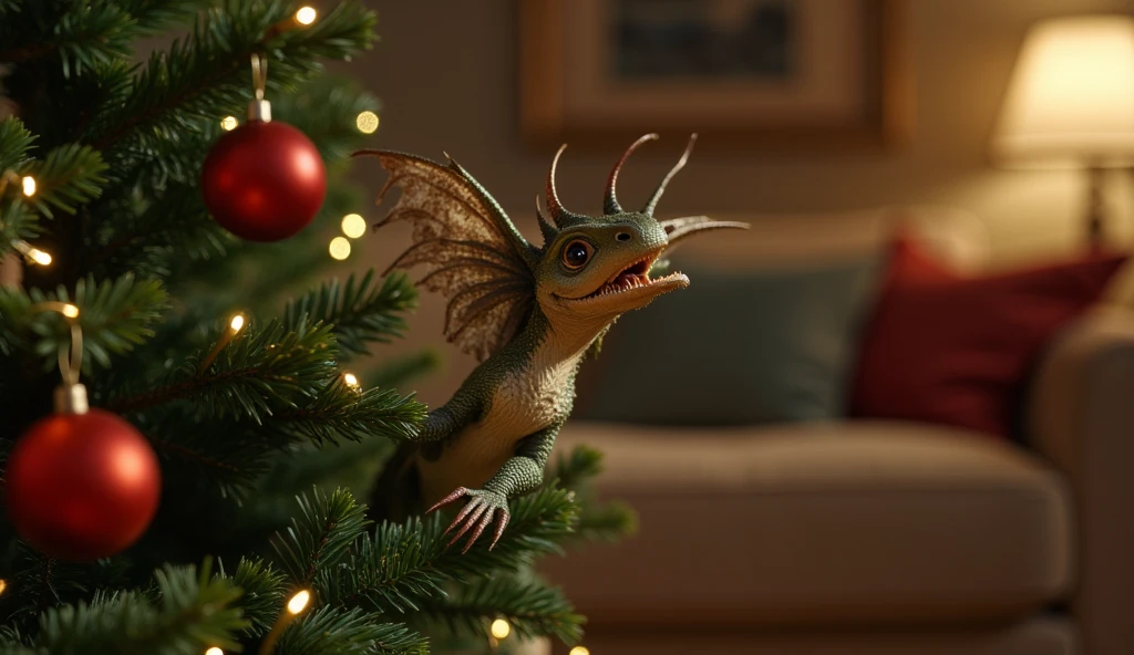 A photo of a realistic cute little dragon caught climbing a Christmas tree. The dragon has a surprised look on its face and is perched on a branch. The tree is decorated with twinkling lights and red ornaments. The background contains a cozy living room with a couch and a lamp.