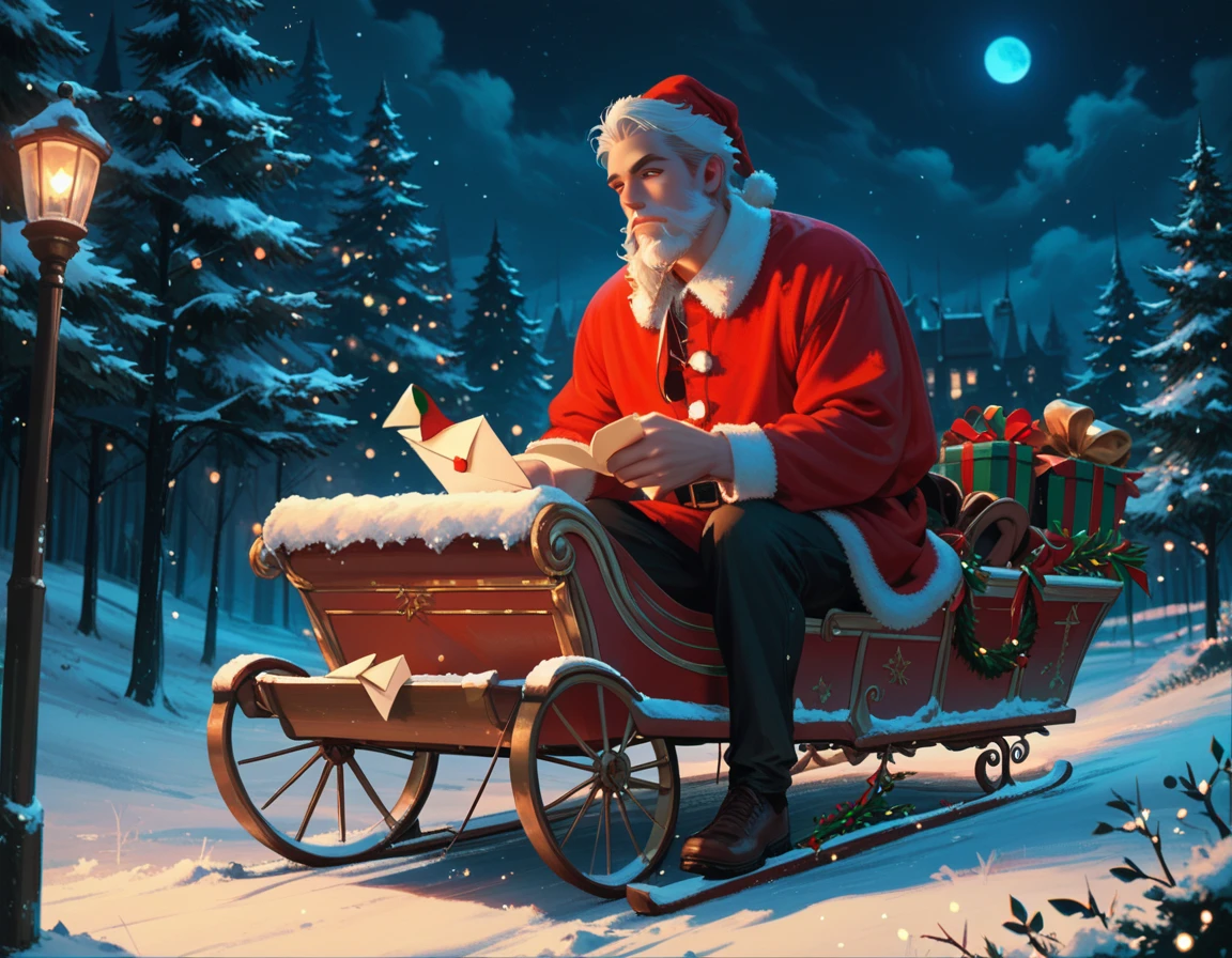 (1male, solo, (he's reading a letter)) (male is (Santa Claus), (long white beard) ), (christmas, outdoor, sleigh, night, moonlight)