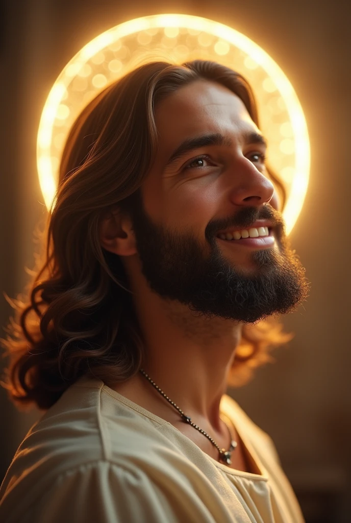 very handsome Jesus Christ,  above his head, a radiant halo begins to form slowly, its soft glow shimmering with a divine light that complements the serene setting. He smiles gently, his expression calm and filled with a quiet, knowing warmth, as the halo adds an ethereal touch to his presence. (A radiant glow:1.1)