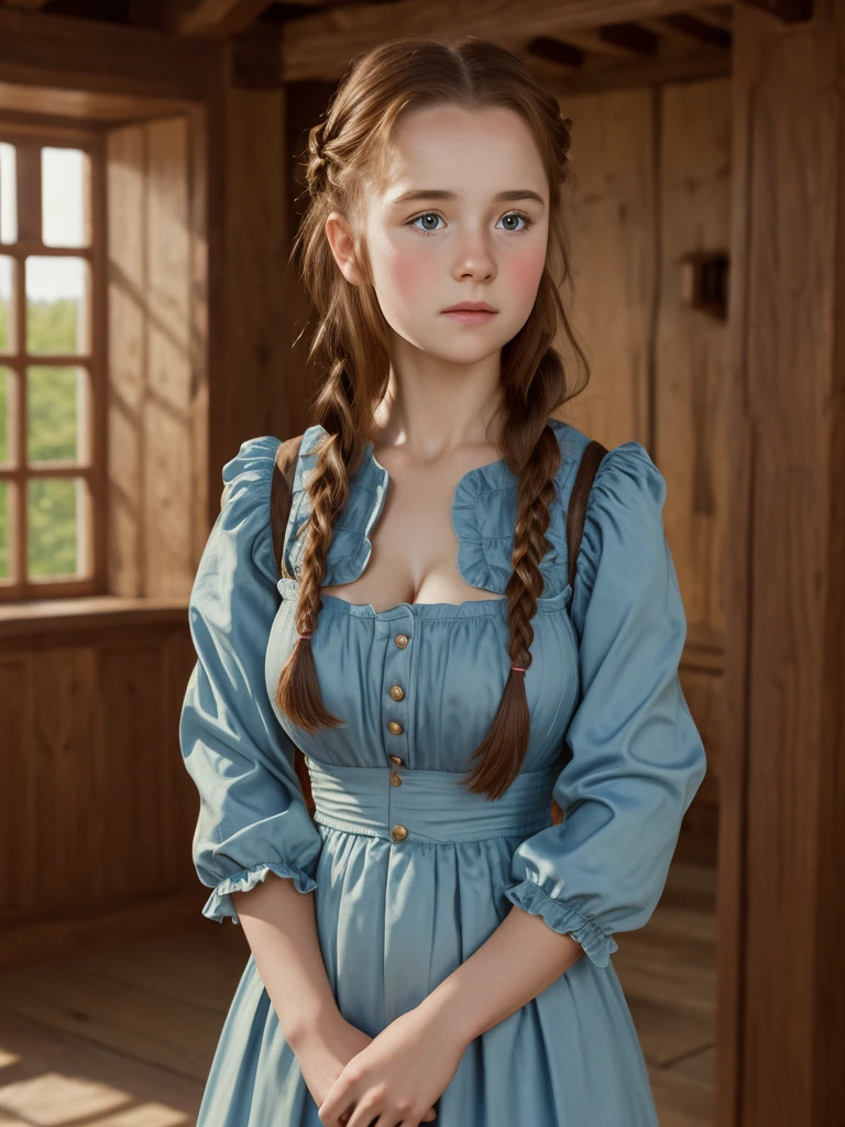 England, 1558. Full body. A young ((((15-year-old)) Margery Fitzgerald)), beautiful, intelligent, expressive eyes, graceful demeanor, outdoors, ((sad expression)), ((((clothings from the 1550s, pastel blue)))), ((curly dark-chestnut hairstyle of the 1550s, lustrous and flowing hair)), colorful, realistic