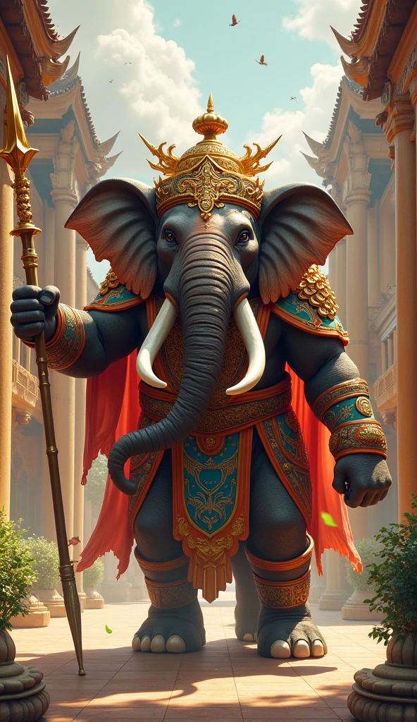 Powerful Ganesha, mythological humanoid Elephant from Hindu mythology, with intricate armor, four hands wielding weapons, battle poses, chaotic battlefield background