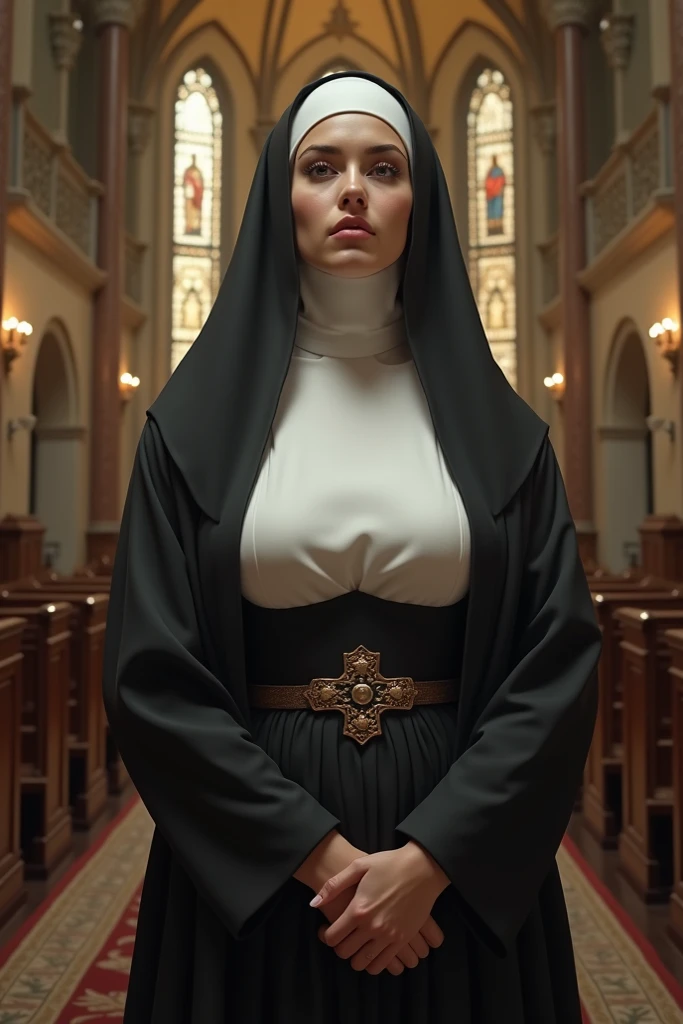 (((masterpiece))), (((best quality))), ((ultra-detailed)), (highly detailed CG illustration), ((an extremely strong and beautiful)),(mature and powering face),cinematic light,((1woman plus size nun)),solo,full body,expressionless (character focus) medieval and cinematic scene,