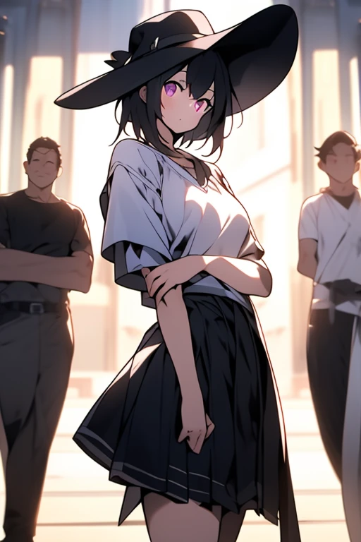 1girl,:o,black_dress,bob_cut,brown_hair,commentary_request,cowboy_shot,dress,hat,highres,looking_at_viewer,osanai_yuki,parted_lips,pink_eyes,puffy_short_sleeves,puffy_sleeves,short_hair,short_sleeves,shoushimin_series,simple_background,solo,teiku_(tokagezaurusu),twitter_username,white_background,white_hat, best quality, masterpiece, nai3