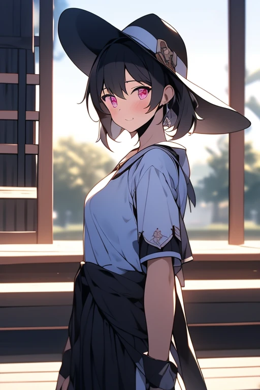 1girl,:o,black_dress,bob_cut,brown_hair,commentary_request,cowboy_shot,dress,hat,highres,looking_at_viewer,osanai_yuki,parted_lips,pink_eyes,puffy_short_sleeves,puffy_sleeves,short_hair,short_sleeves,shoushimin_series,simple_background,solo,teiku_(tokagezaurusu),twitter_username,white_background,white_hat, best quality, masterpiece, nai3