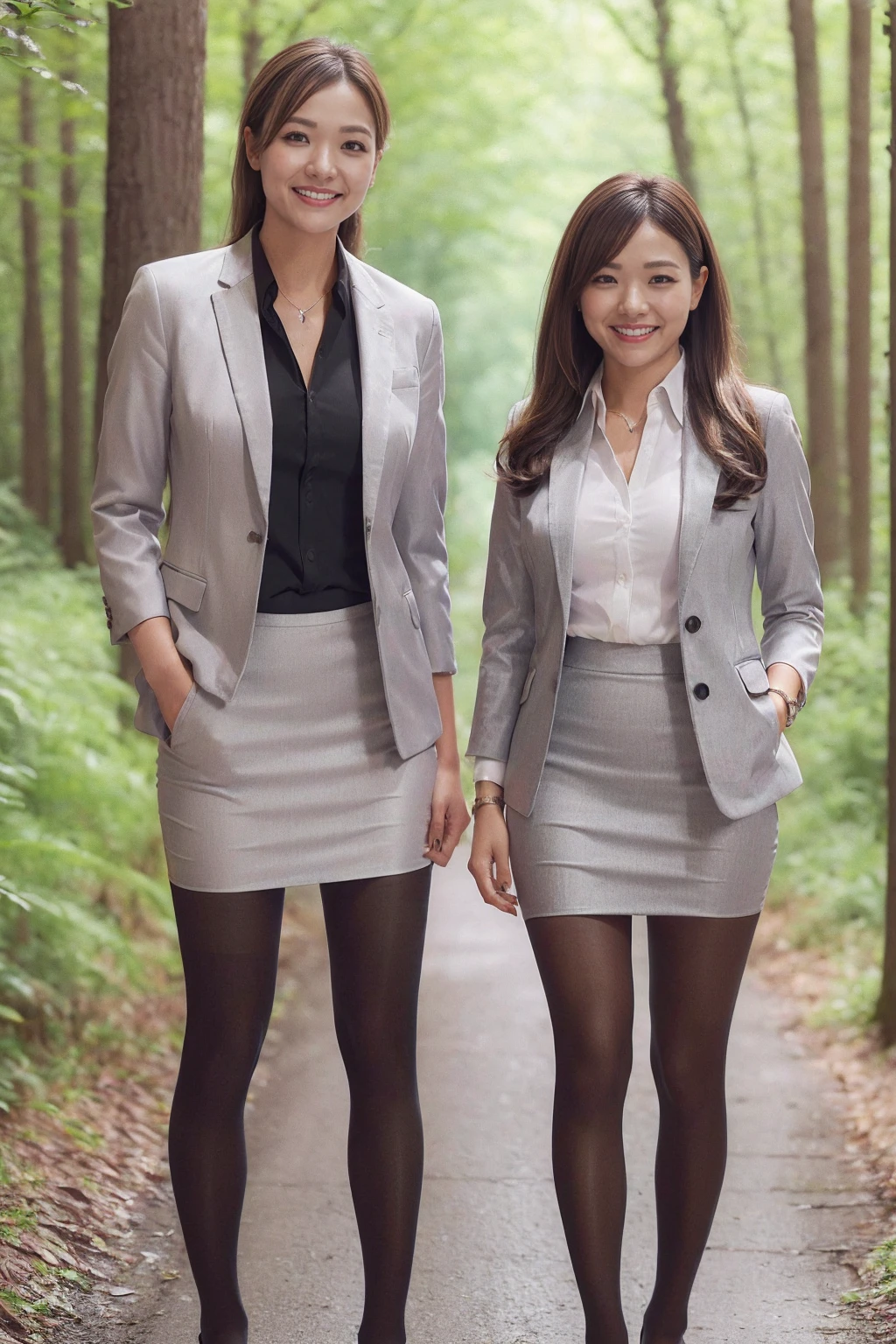   best quality  、8k、  Masterpiece 、   super high resolution 、Clear Photo、   professional lighting   、 natural light、 realistic 、  high definition skin、    perfect anatomy 、 one woman、Age 30、:1.8、 Big Breasts 、 blonde alone 、Beautiful Hair、smile、(Grey tight suit、  white shirt 、   gray jacket   、  grey pencil skirt :1.4、perfect black pantyhose、   black pantyhose:1.2)、 long legs ,  high heels, ((Little River in the Forest   、In the sunlight filtering through the trees))、sexy standing posing、(((   full body shot :1.1)))