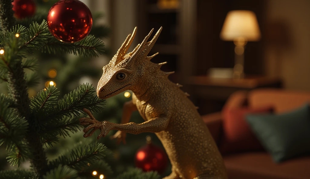 A photo of a realistic cute little dragon caught climbing a Christmas tree. The dragon has a surprised look on its face and is perched on a branch. The tree is decorated with twinkling lights and red ornaments. The background contains a cozy living room with a couch and a lamp.