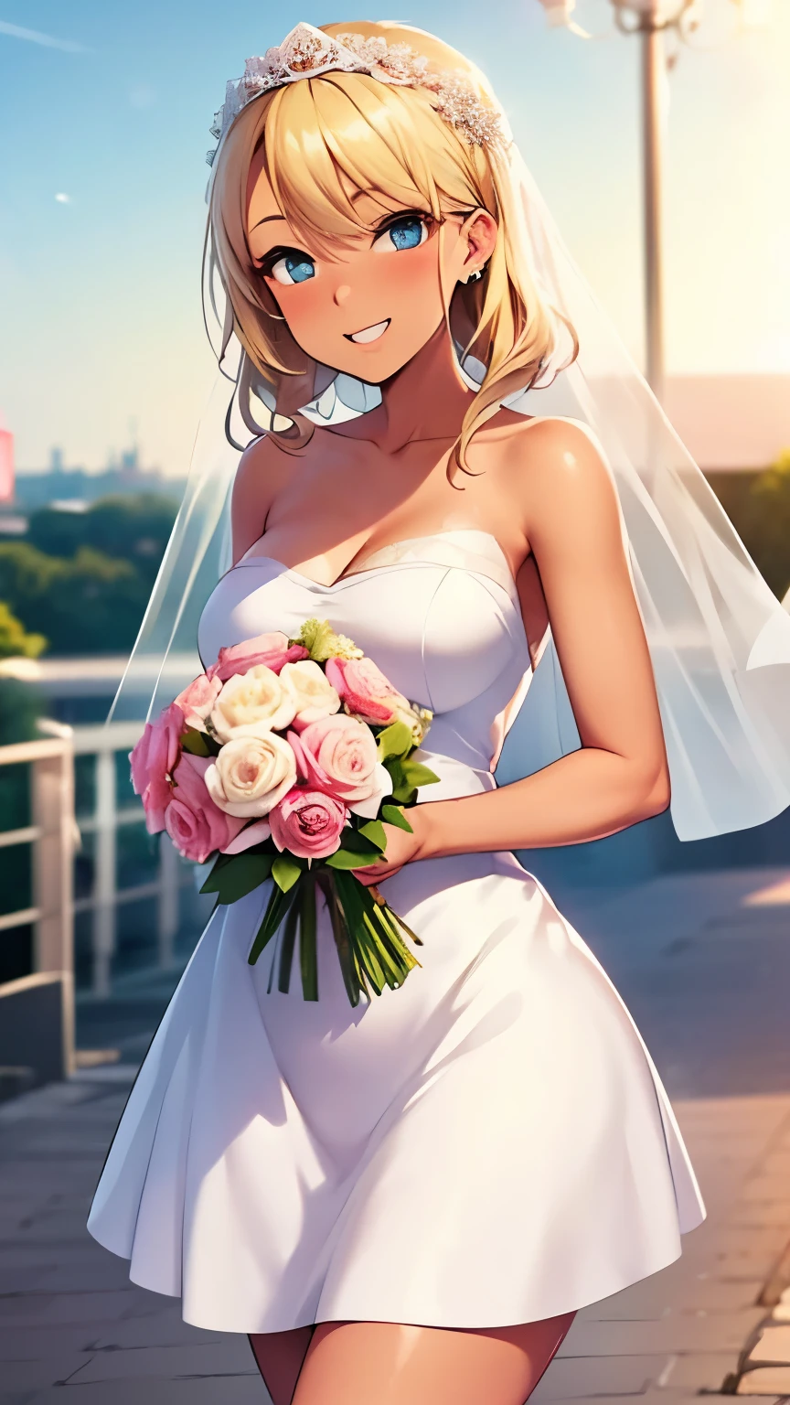 Blonde medium length asymmetrical hair, blue eyes, beautiful foundation, dark skin, pure white mini skirt wedding dress, red rose on right breast, white high heels, gorgeous flower bouquet in hand, happy smiling face, outdoor wedding venue by the seaside, blurred background