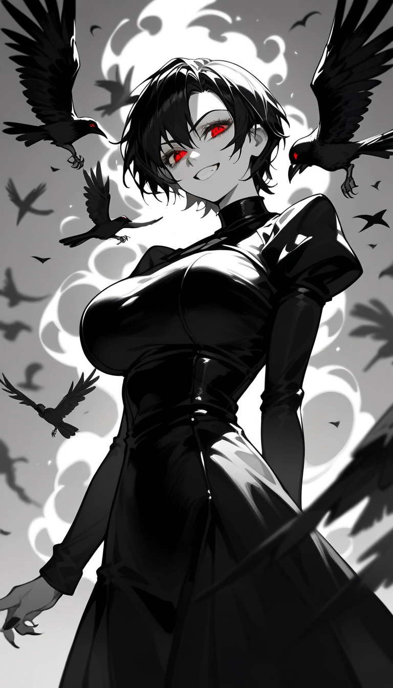woman, medieval, fantasy, character, drawing, elegant, short hair, married, black dress, dark black, big eyes, mature