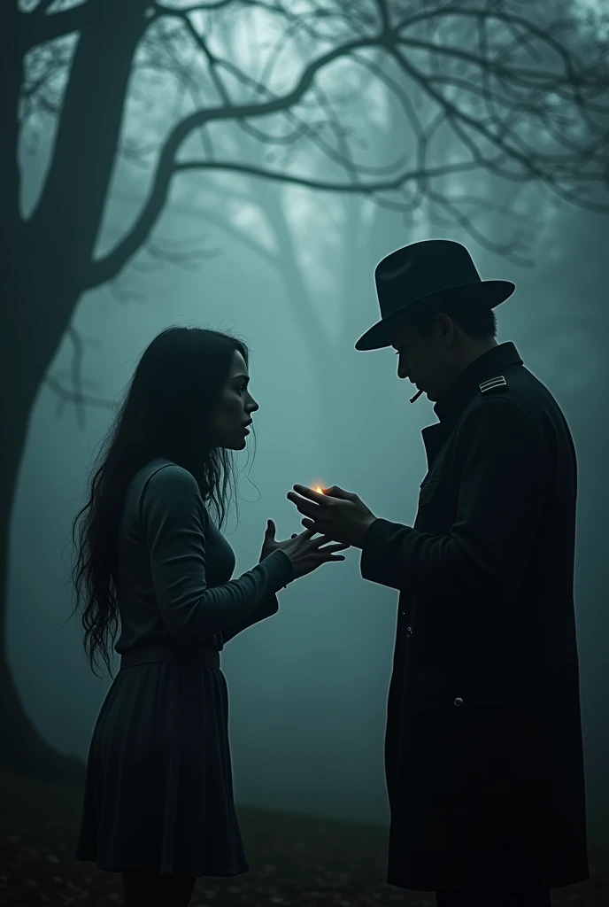 Based on this story: Their connection was immediate and profound, as if two halves of a broken whole had finally come together. But happiness, it seemed, was not to be their destiny. A cruel twist of fate, a curse from the heavens, claimed her life, leaving the man in a chasm of despair. extremely photorealistic. The characters are surrounded by mist, evoking a mysterious and eerie atmosphere. The lighting is dark and atmospheric, with a red smoke adding a touch of sinister ambiance. The image is of the best quality, with a resolution of 4k and HDR enhancement, showcasing the utmost level of detail and realism, nsfw, full body shot.