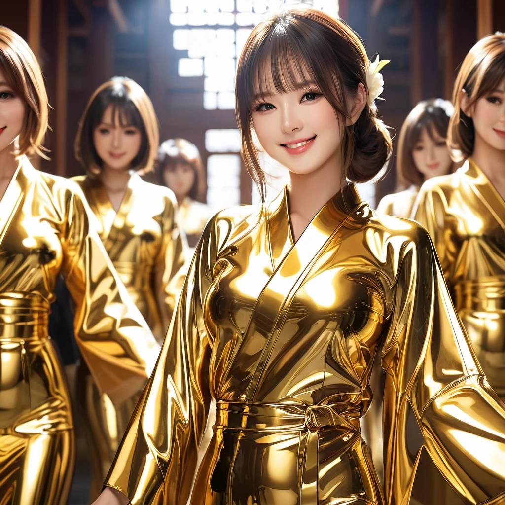 2 Japanese woman in extremely tight shiny golden latex kimono, high resolution ,  masterpiece, Breasts, smile, Lens reflection, Reflected light, Are in the temple  