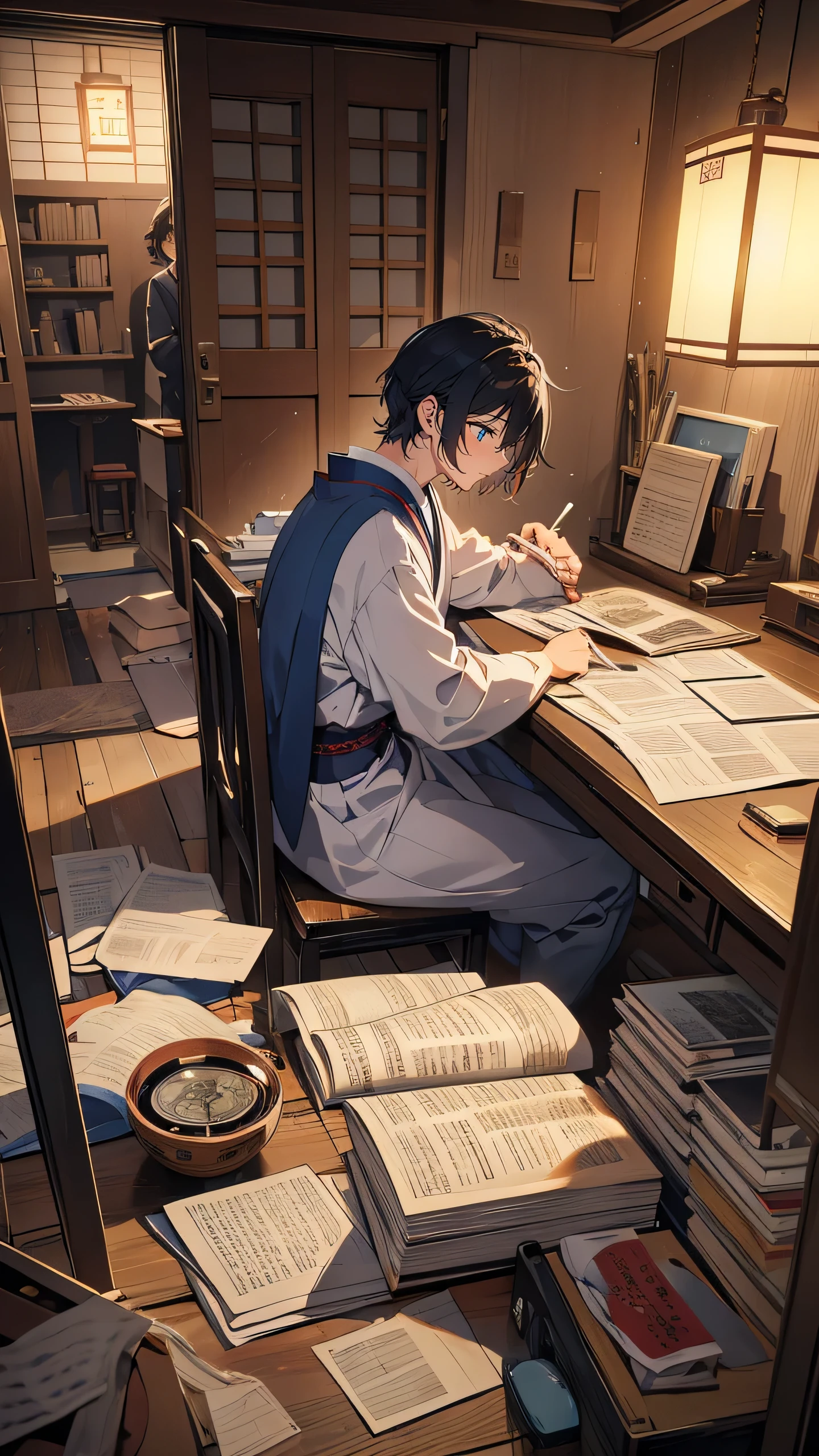 The busy office of a Taisho-era newspaper, filled with wooden desks, typewriters, and piles of paper. Journalist Kurosaki Shota, dressed in a mix of traditional Japanese and Western attire, sits at his cluttered desk under a single hanging light. He furiously types up his latest story, while crumpled drafts cover the floor around him. In the background, editors argue loudly, and the ticking of a large wall clock heightens the tension. Kurosaki’s eyes are sharp with determination, as he uncovers the scandal of a lifetime.
• Key elements: Taisho-era newspaper office, traditional and Western attire, typewriters, cluttered desk, tension-filled atmosphere.