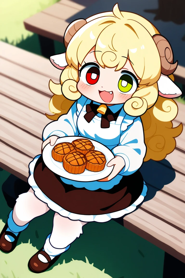 1girl, solo, kemono style, sheep girl, sheep ears, sheep fur, curly blonde hair, bright green eye, Heterochromia, horizontal pupils:1.2, playful smile, fang, wearing a frilly apron, holding a plate of pastries, sitting at a cozy outdoor café, warm afternoon light, full body