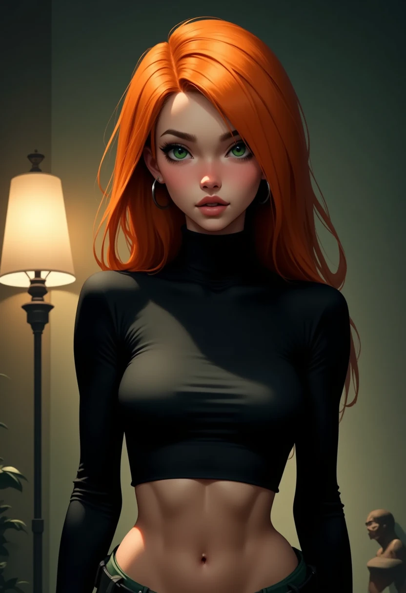 1girl, solo, long hair, black gloves, navel, green eyes, midriff, belt, green pants, orange hair, black crop top, turtleneck, room, room background, cowboy shot, (best quality,4k,8k,highres,masterpiece:1.2),ultra-detailed,(realistic,photorealistic,photo-realistic:1.37), intricate details, highly detailed face and eyes, extremely detailed texture, cinematic lighting, dramatic shadows, moody atmosphere, vibrant colors, volumetric lighting, photorealistic rendering