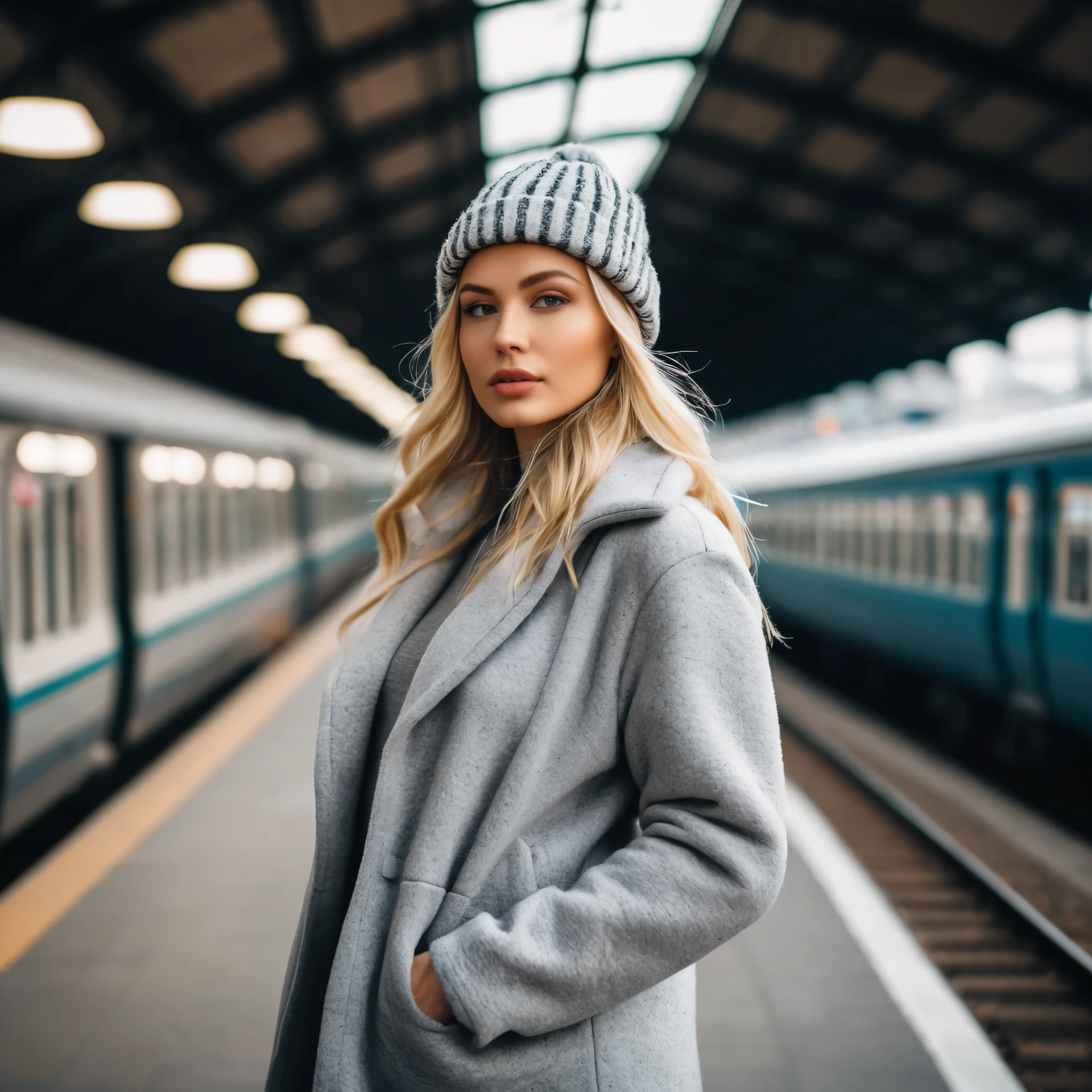 a professional portrait photography of a beautiful young blond woman standing in train station; detailed beautiful face; she wearing an fleece coat, sweatpants and gray wool hat; winter season; cozy atmosphere; diffused light; soft focus; depth of field; intricate detailed;