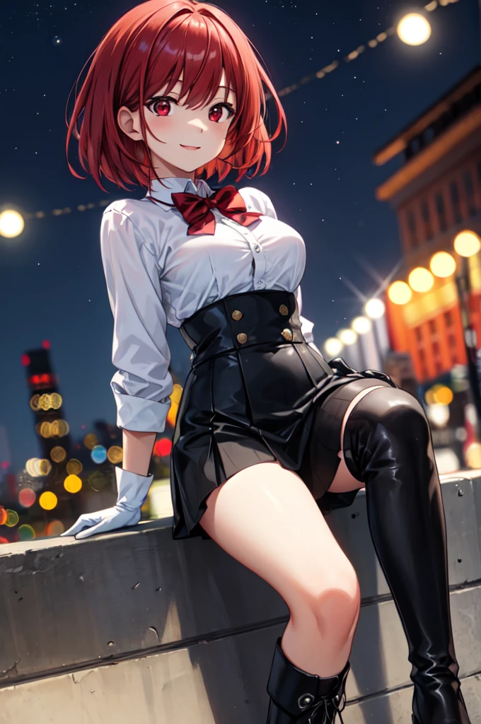 (clothes lift:1.2), (lifted by another:1.2), (hands:1.2), (breasts out:1.2), (masterpiece:1.2), (best quality:1.2), cowboy shot, 1girl, 1boy, medium breasts, fit and petite body, short hair,, high ponytail, (white shirt:1.2), black thong, black stockings, standing, arms behind the back, tears, in the small alley, city,Red Hair, , RED EYES