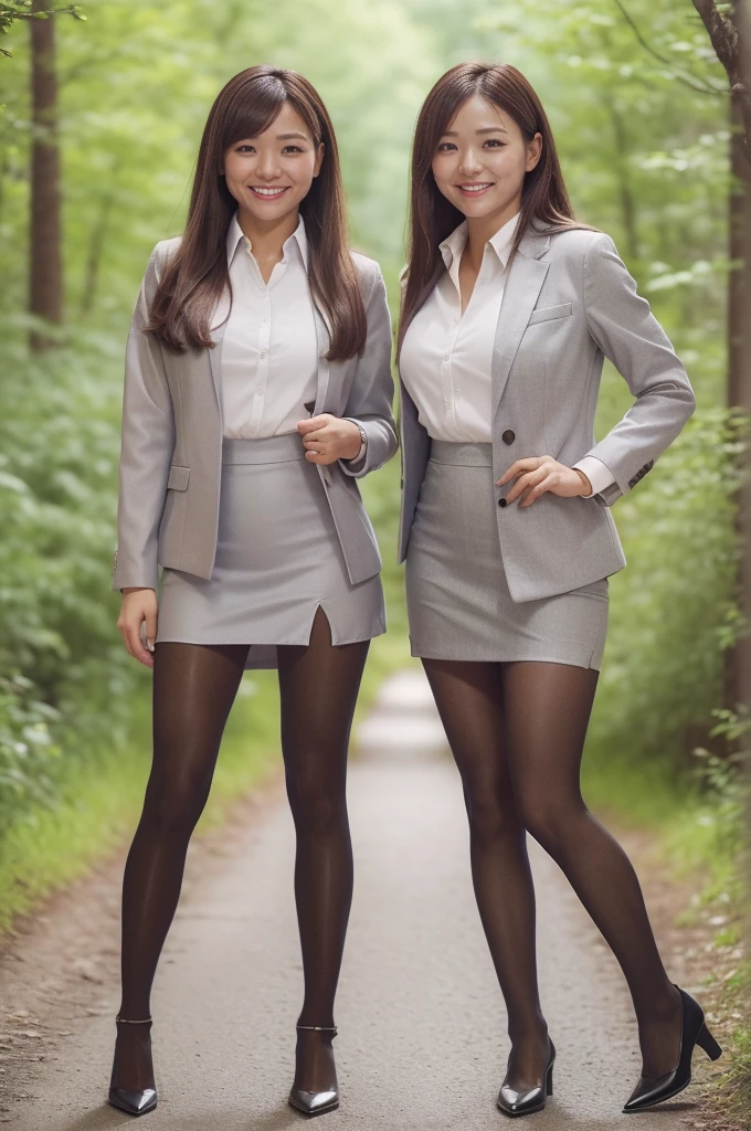   best quality  、8k、  Masterpiece 、   super high resolution 、Clear Photo、   Professional Writing   、 natural light、 realistic 、  high definition skin、    perfect anatomy 、 one woman、Age 30、baby face:1.8、 Big Breasts 、 blonde alone 、Beautiful Hair、smile、(Grey tight suit、  white shirt 、   gray jacket   、 grey pencil super miniskirt:1.4、 Too Short Miniskirt , perfect black pantyhose、   black pantyhose:1.2)、 long legs ,  high heels, ((Little River in the Forest   、In the sunlight filtering through the trees))、sexy standing posing、(((   full body shot :1.1)))