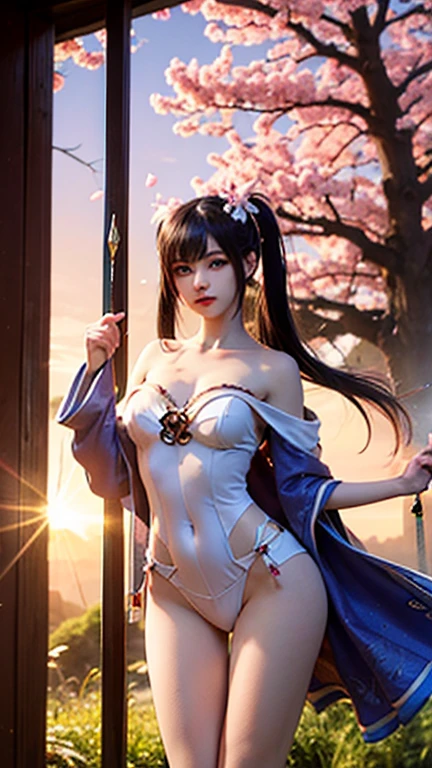 I would like a Japanese woman to create an image of a Japanese god on her back. I want you to pay attention to detail. I'm a professional graphic designer. High quality CG. Full body